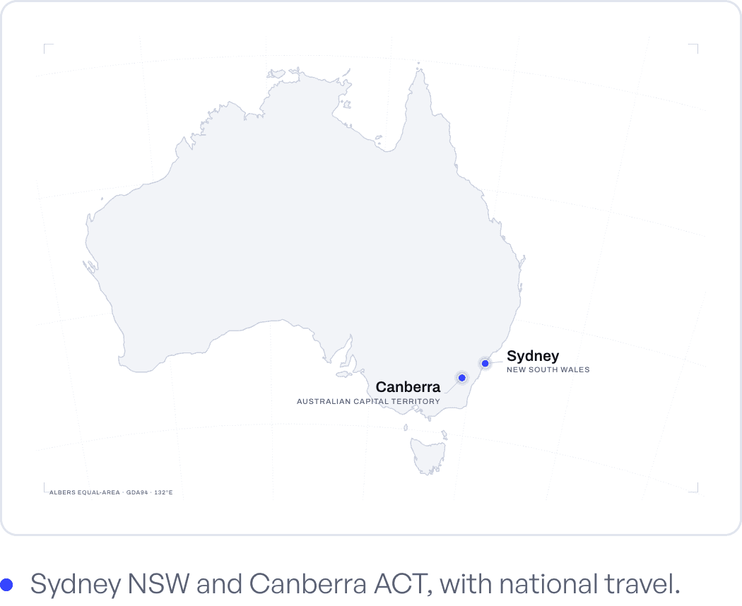 Map of Australia marking Next Cyber's two offices: Sydney, New South Wales, and Canberra, Australian Capital Territory.